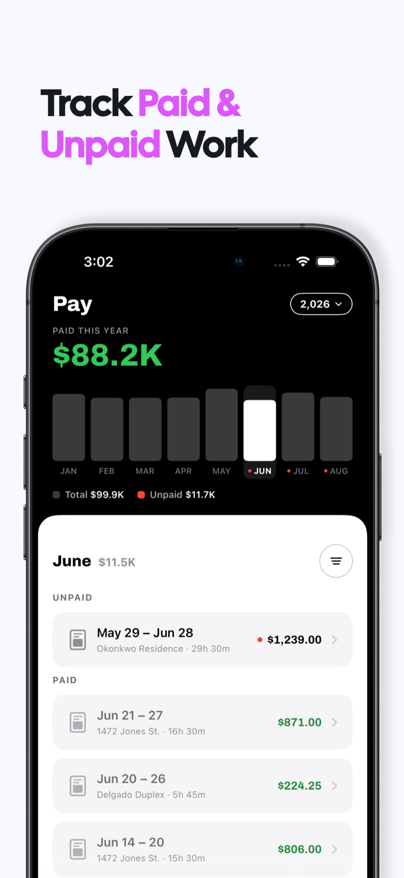 Tracking paid and unpaid work: yearly pay chart with paid and unpaid pay periods